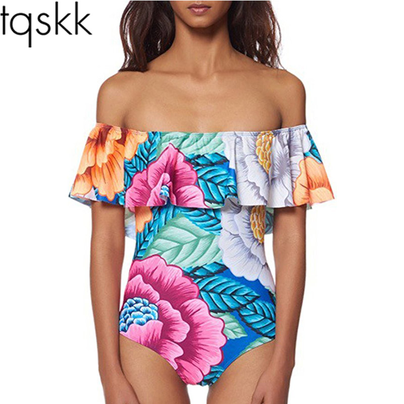 Tqskk 2019 new off the shoulder ÷ζ   ǽ    ruffle monokini swim wear bodysuit